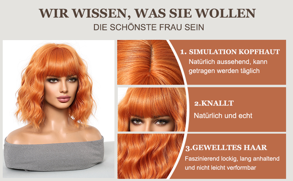 Esmee Kurze Welle Ingwer Orange Bob Perücken mit Fransen