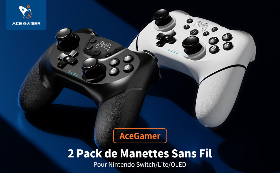 Deux manettes de jeu, une noire et une blanche, affichées sur fond bleu. Ensemble de manettes sans fil de marque AceGamer.