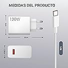 Diagrama de dimensiones del producto que muestra un adaptador de corriente o cargador blanco de 120 W, que mide 10 cm de largo con especificaciones técnicas en español