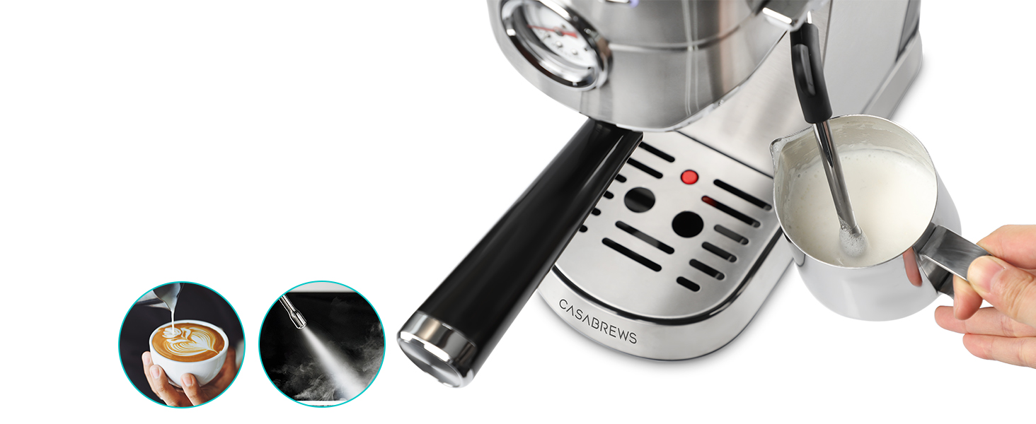 Stainless steel espresso machine with steam wand. Hand pouring steamed milk into cup. Inset images show latte art and steam output from wand.