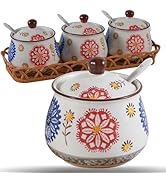 Orkim Kitchen Ceramic Condiment Jars with Lids and Spoons, 3 Piece Porcelain Seasoning Flower Jar...