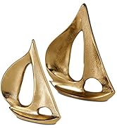 WHW Whole House Worlds 2 Piece Golden Sail Boat Sculpture, Polished Aluminum Metal, Hand Cast, Ne...