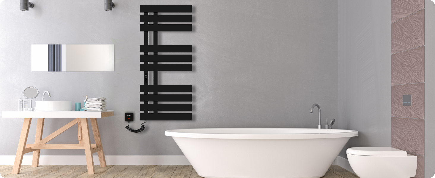 Porte Serviette Electrique, 500x1100mm Chauffe Serviette Thermostatique Intelligent, Mural Radiateur Salle De Bain, Serviettes Chauffant Seche, économie D'énergie, Affichage LED, Noir, Droite 10 Porte-serviettes électrique