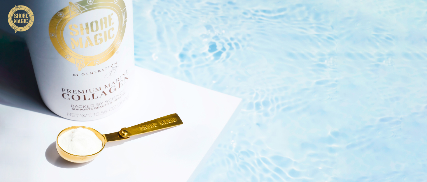 shore magic collagen on a white floating, with a pool background