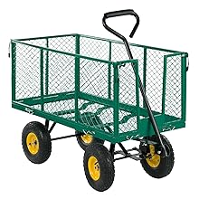Heavy-duty garden utility cart with green mesh sides, pull handle, and four yellow pneumatic wheels. Steel frame construction with removable sides.