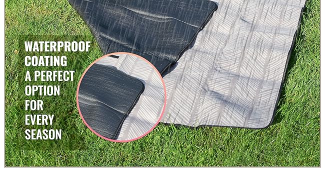 Gray waterproof picnic blanket with PVC coating displayed on grass, featuring close-up detail of waterproof material construction.