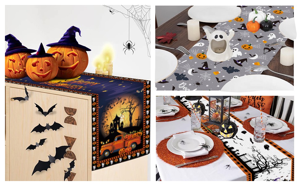 Halloween Table Runner, Ghost Pumpkin Black Cat Burlap