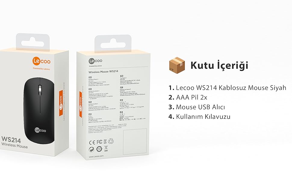 Lenovo Lecoo WS214 Kablosuz 1200DPI 3 Tuşlu Optik Mouse Siyah