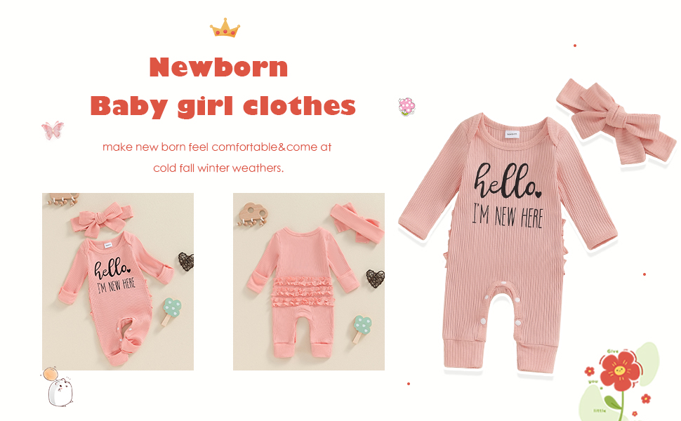 Im New Here Newborn Outfit Girl Long Sleeve Letter Romper Ribbed Knit Jumpsuit Coming Home Outfit