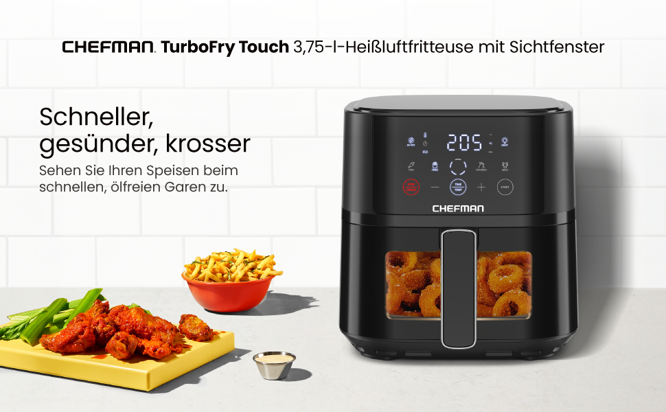 Chefman TurboFry Touch Heißluftfritteuse mit Digitalanzeige, abgebildet mit Brathähnchen und Pommes. Verfügt über ein Fassungsvermögen von 3,5 Litern