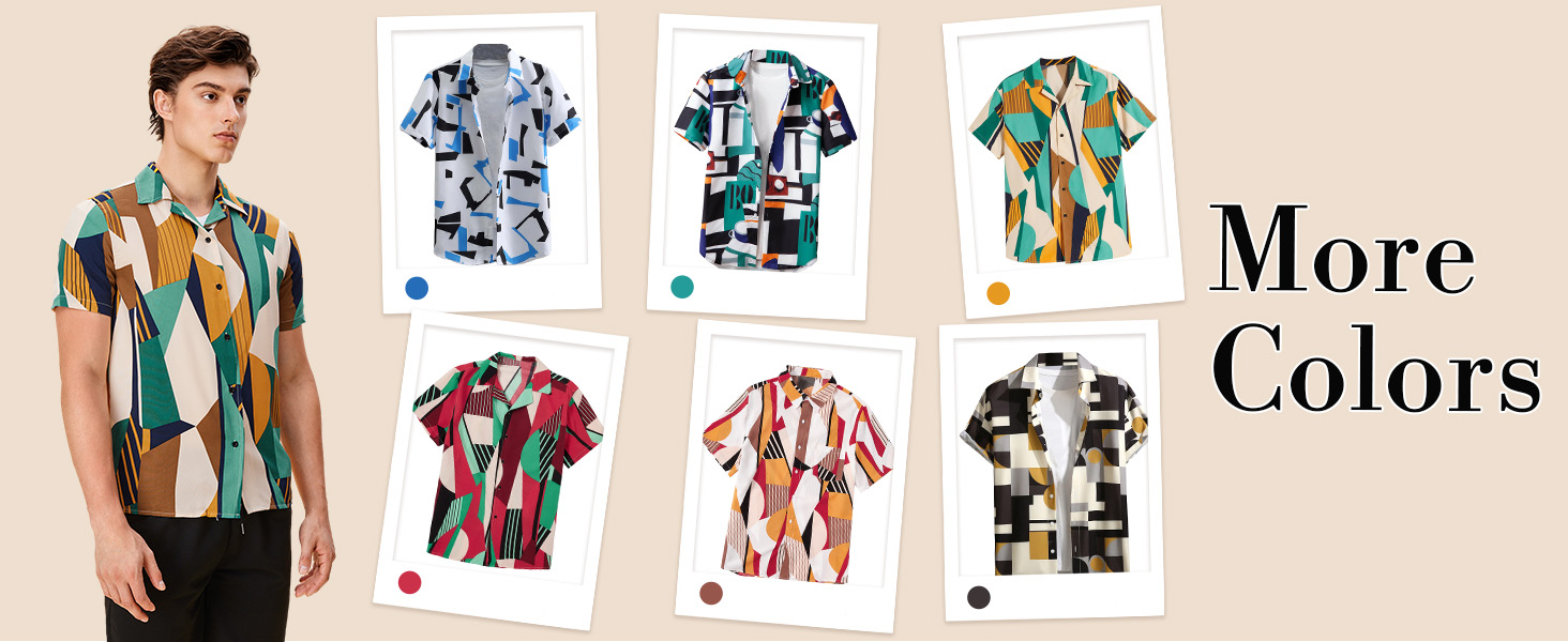 Men's Casual Geo Graphic Print Short Sleeve Button Down Shirt Top Beach Shirts