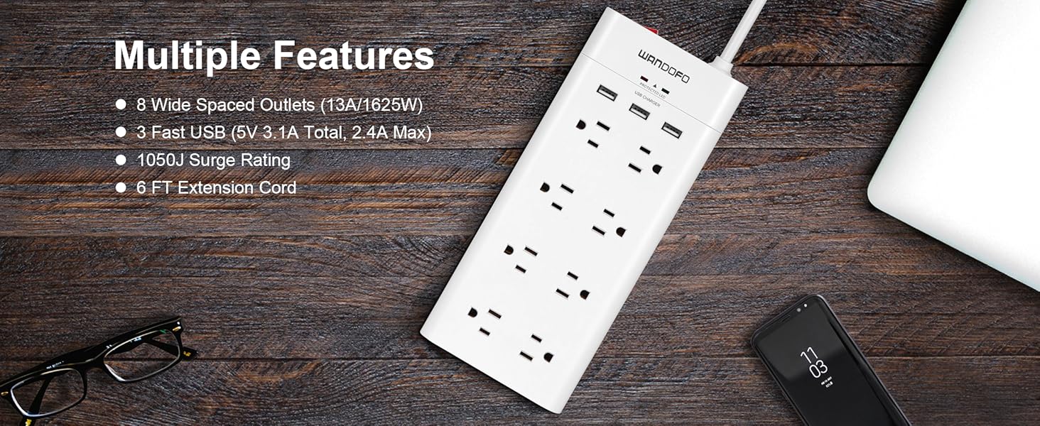 WANDOFO 2 Prong 8 Outlet Power Strip, 6 FT Extension Cord
