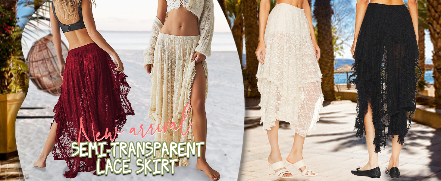 Women Summer Elastic Asymmetrical Layered Hem Sexy See-Through Beach Floral Maxi Skirts 