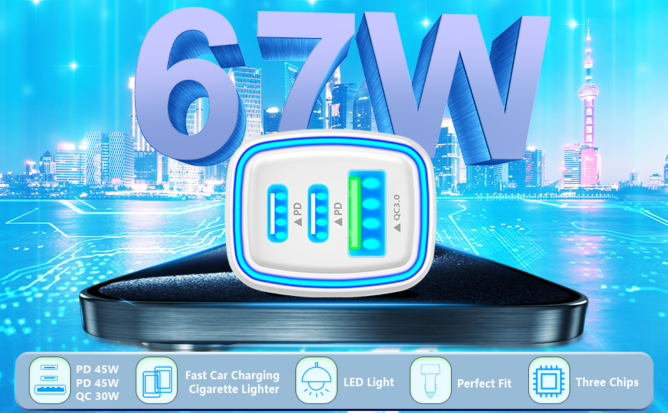 3-Port 67W Dual PD/QC3.0 Car Power Adapter USB-C Car Charger Fast Charging Cigarette Lighter Adapter