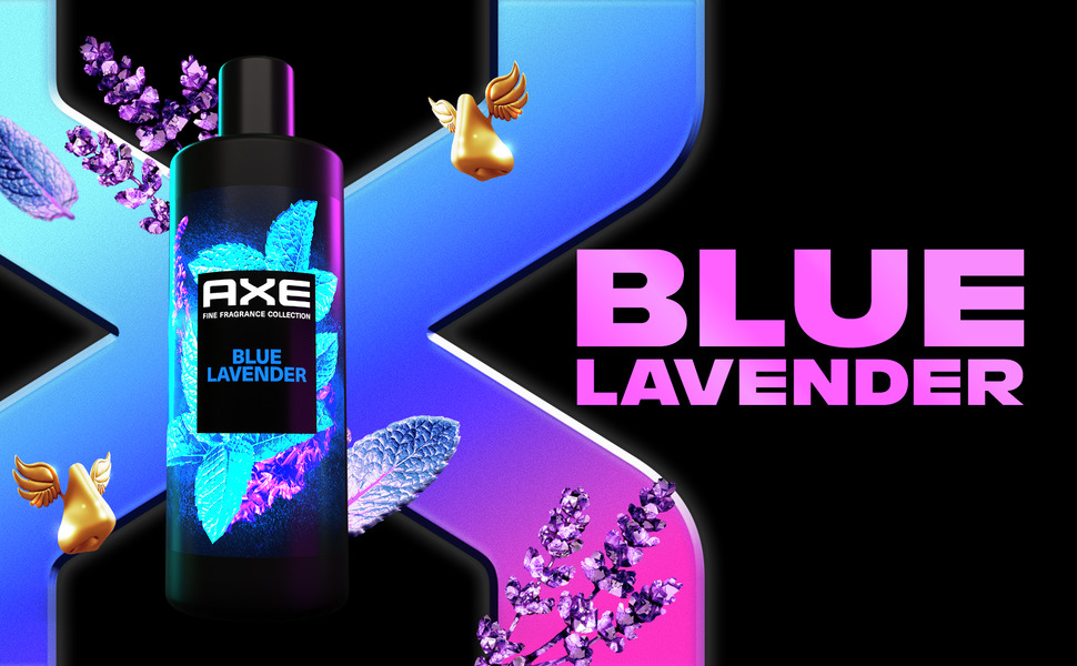 AXE blue lavender with amber and mint leaves floating in the body wash's art design.