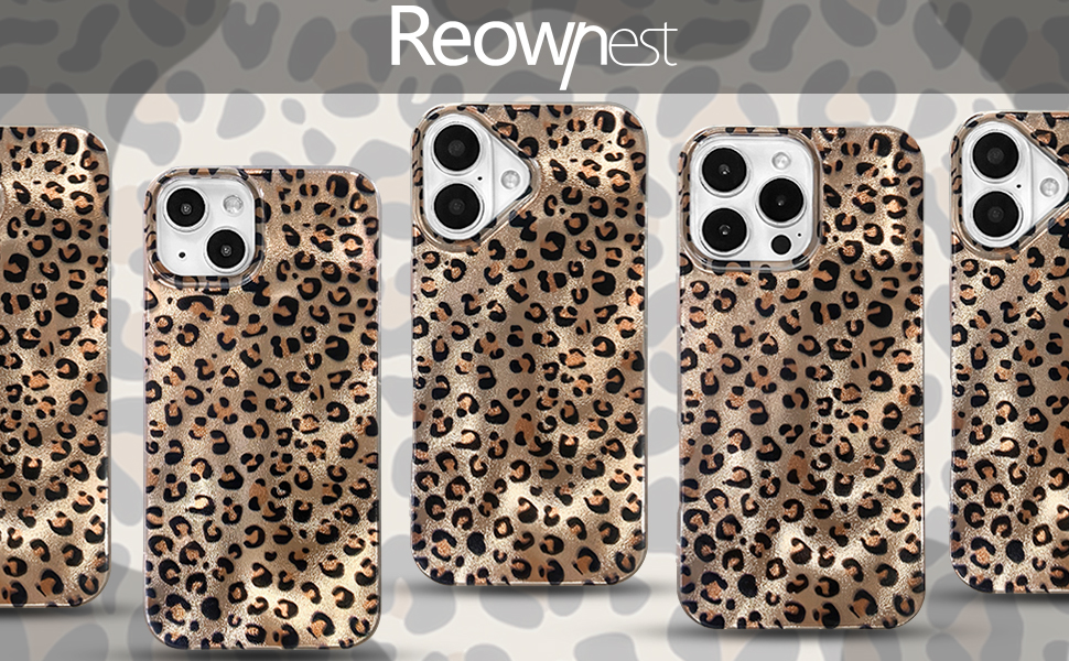 Text reads 'REOWAY'. Collection of phone cases with brown leopard print pattern displayed in grid format against white background.