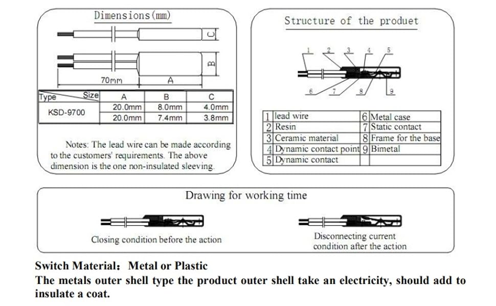 10pcs KSD9700 Normally Open Temperature Control Switch Thermal