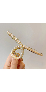 Large Metal Hair Claw for Women with Pearls 4.3 Inch Non-Slip Hair Clips Thick Hair Threaded Gold 