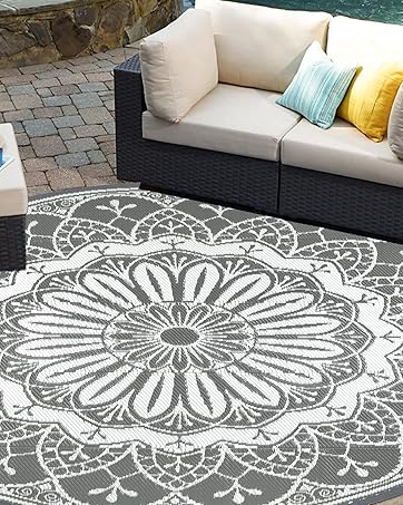 Cekene Outdoor Rug Waterproof Grey180x270cm Patio Rugs Outdoor Large Reversible RV Camping Mat Li...