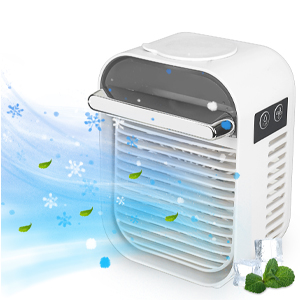 Compact white personal air cooler unit with dark top panel showing blue cooling effect and mint leaves in illustration.