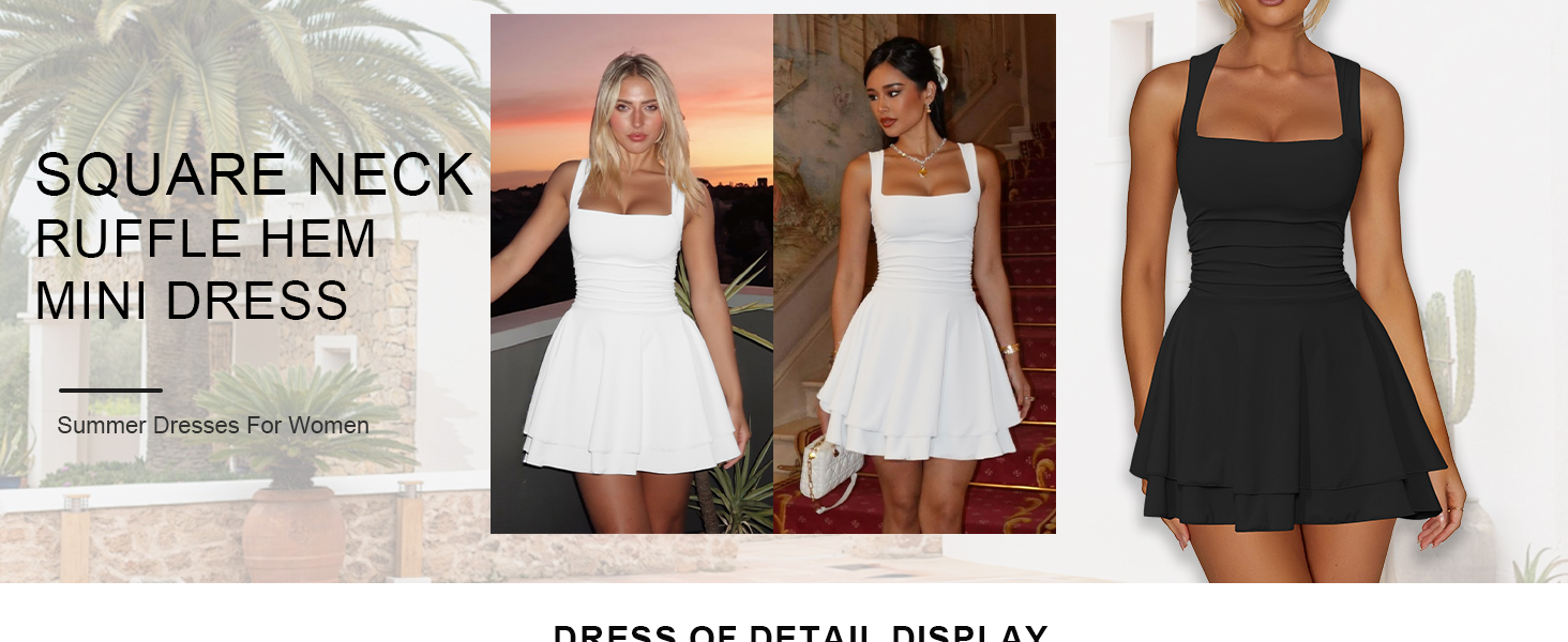 Square Neck Ruffle Hem Mini Dress Ruched Waist Short Party Dresses