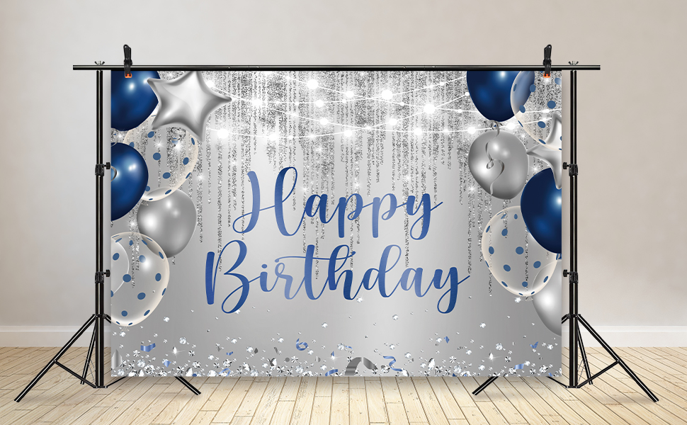 Royal Navy Blue Silver Happy Birthday Backdrop