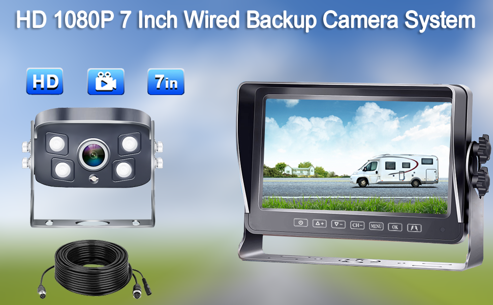 RV Backup Camera Wired HD 1080P 7 Inch Monitor DVR Recording Touch Button Two