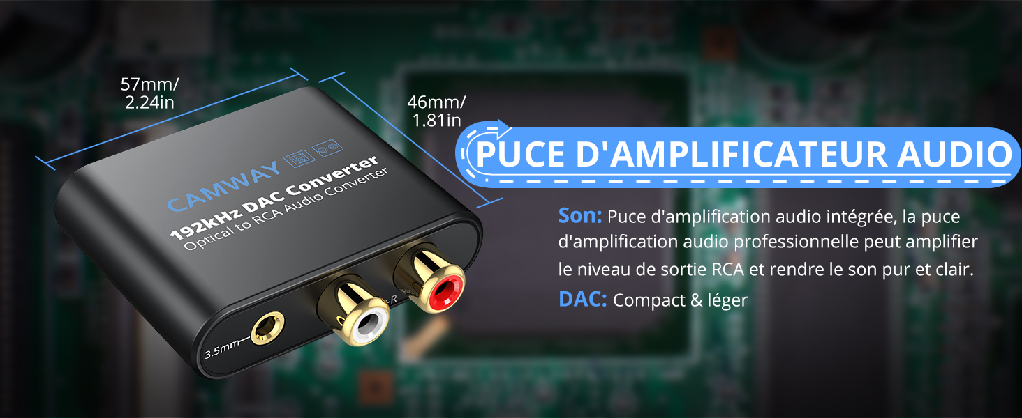 CAMWAY Convertisseur DAC 192kHz SPDIF vers RCA Optique vers 3.5mm, Convertisseur Audio Numérique