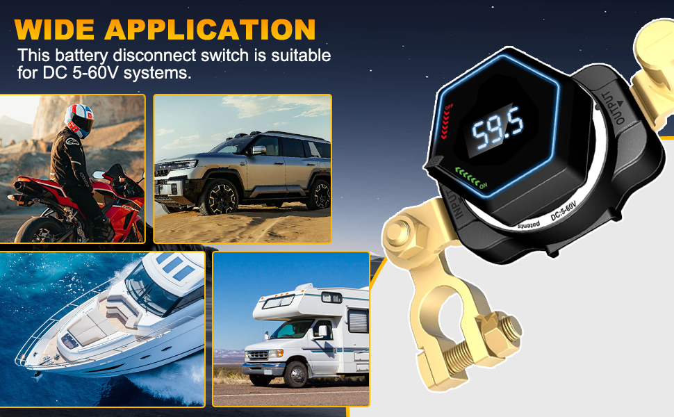 Digital battery disconnect switch with LED display, suitable for 5-60V DC systems. Shown with applications for motorcycles, cars, boats, and RVs. Features hexagonal screen displaying '59.5'.