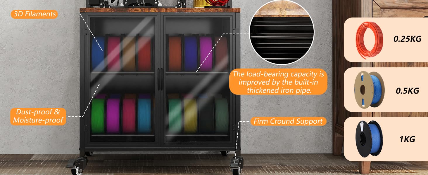 3D Printer Stand with Filament Storage, 29.5" x 18.9" Dustproof and Moisture-Proof Heavy Duty Large 3D Printer Table Cart with 360°Rolling & Cabinet for Workshop Studio Office (Rustic Brown) 19 tall printer stand
