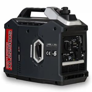 Portable inverter generator with black and silver casing. Features control panel with multiple outlets and digital display. Model XL2250i visible on side, indicating 2250-watt capacity.