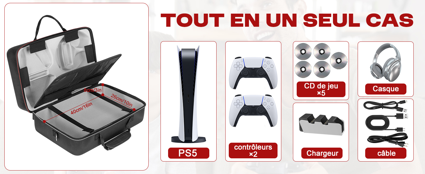 Le texte se lit comme suit : « TOUT EN UN SEUL CAS ». Schéma du produit présentant plusieurs vues et caractéristiques d'un étui ou d'un support de protection avec différentes options de fixation et de positionnement.