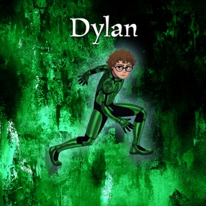 image of a brown haired boy in glasses in a futuristic jumpsuit against a flaming green background