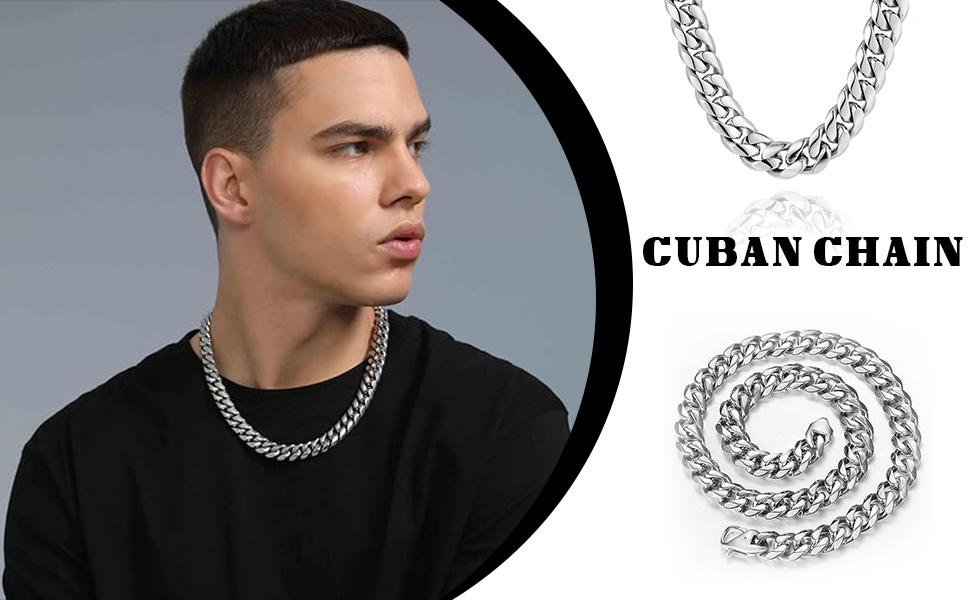 in colore argento. Viste multiple che mostrano un design a maglie spesse. Testo 'CUBAN CHAIN'