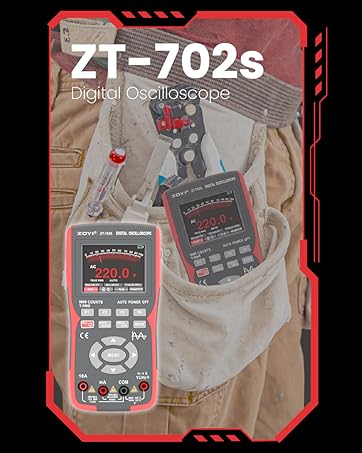 ZT-702s Digital Oscilloscope handheld devices. Two units shown with red LED displays, multiple buttons, and measurement probes. Devices rest on fabric, possibly a tool belt or pocket.
