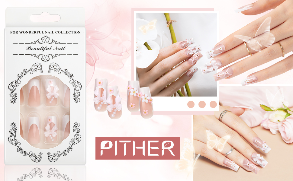 24pcs Fake Nails with Bling Rhinestone 3D Flower Designs