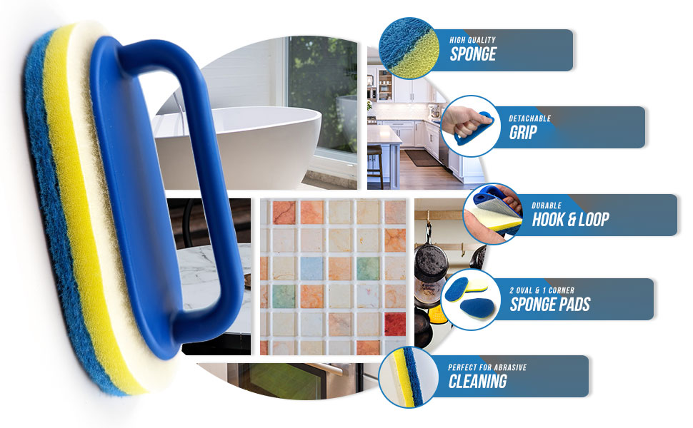 Bathroom Cleaning Sponge with Handle, Scourers Sponge Kit with 2 Oval