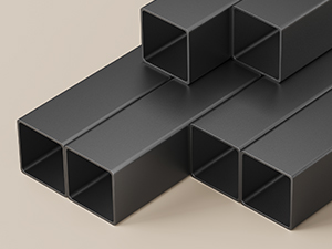 Több fekete, üreges, téglalap alakú fém- vagy műanyag cső, geometrikus mintázatban elrendezve világos háttér előtt, bemutatva alakjukat és szerkezetüket.
