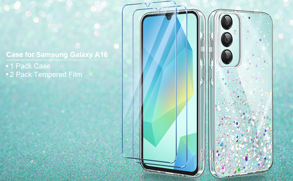 ivencase Clear Glitter Case Compatible with Samsung Galaxy A16 Case with 2 Screen Protector, TPU Silicone Sparkly Bling Star Soft Cover Flexible Transparent Shockproof Cover Samsung A16 5G 15 1