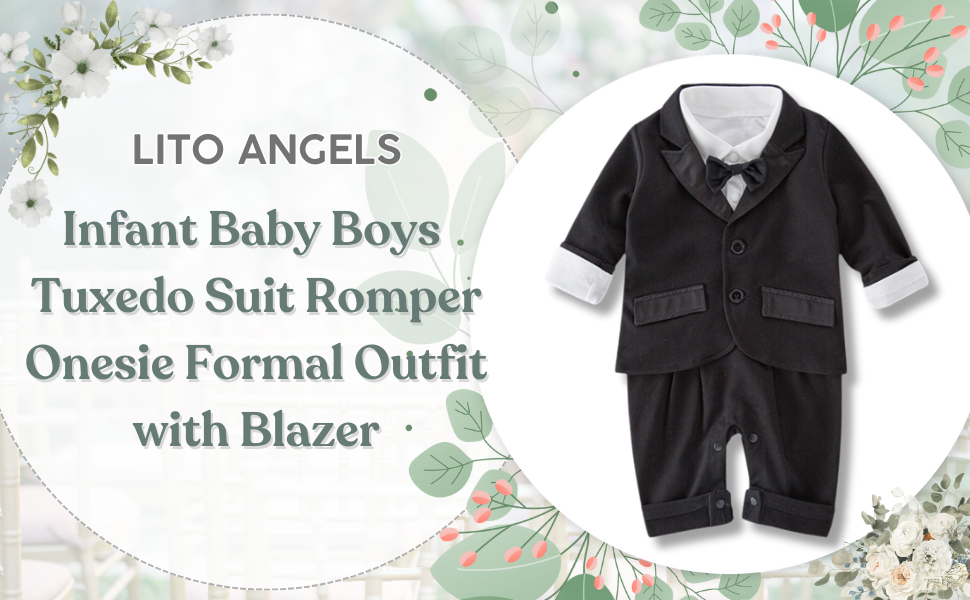 infant baby Boy tuxedo romper onesie gentleman bodysuit formal wedding outfit black suit blazer