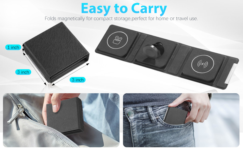 3 in 1 Fast Wireless Charger with Adapter for iPhone, Magnetic Foldable Charging Station Compatible