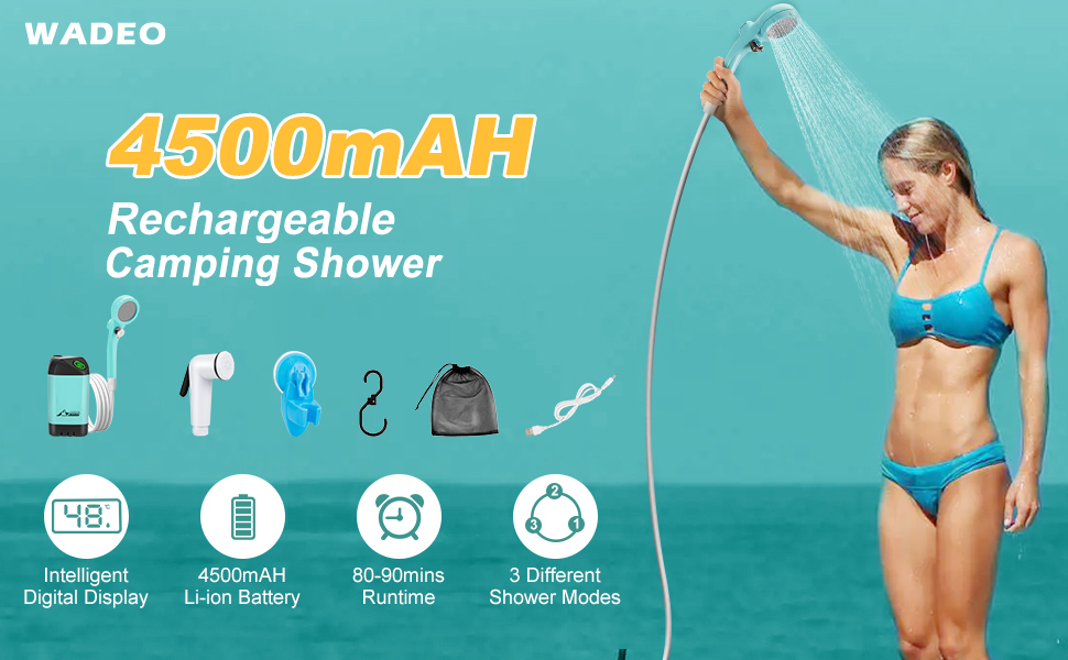WADEO Camping Shower Kit, Outdoor Electric Shower Rechargeable Pump