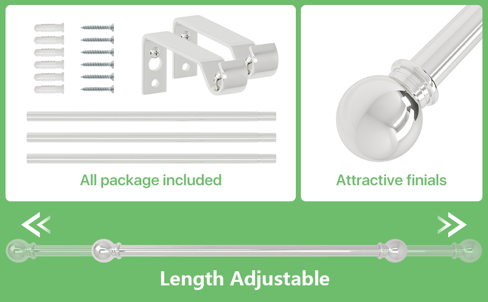 Silver Curtain Rods for Windows 28 to 48 inch, Adjustable Heavy Duty Chrome Polished
