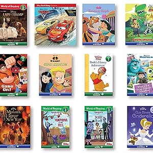 Collection of twelve children's storybooks arranged in three rows, featuring various Disney and animated characters on their covers.