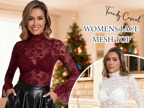 Women's Long Sleeve Lace Mesh Tops High Neck Sheer Blouse Sexy