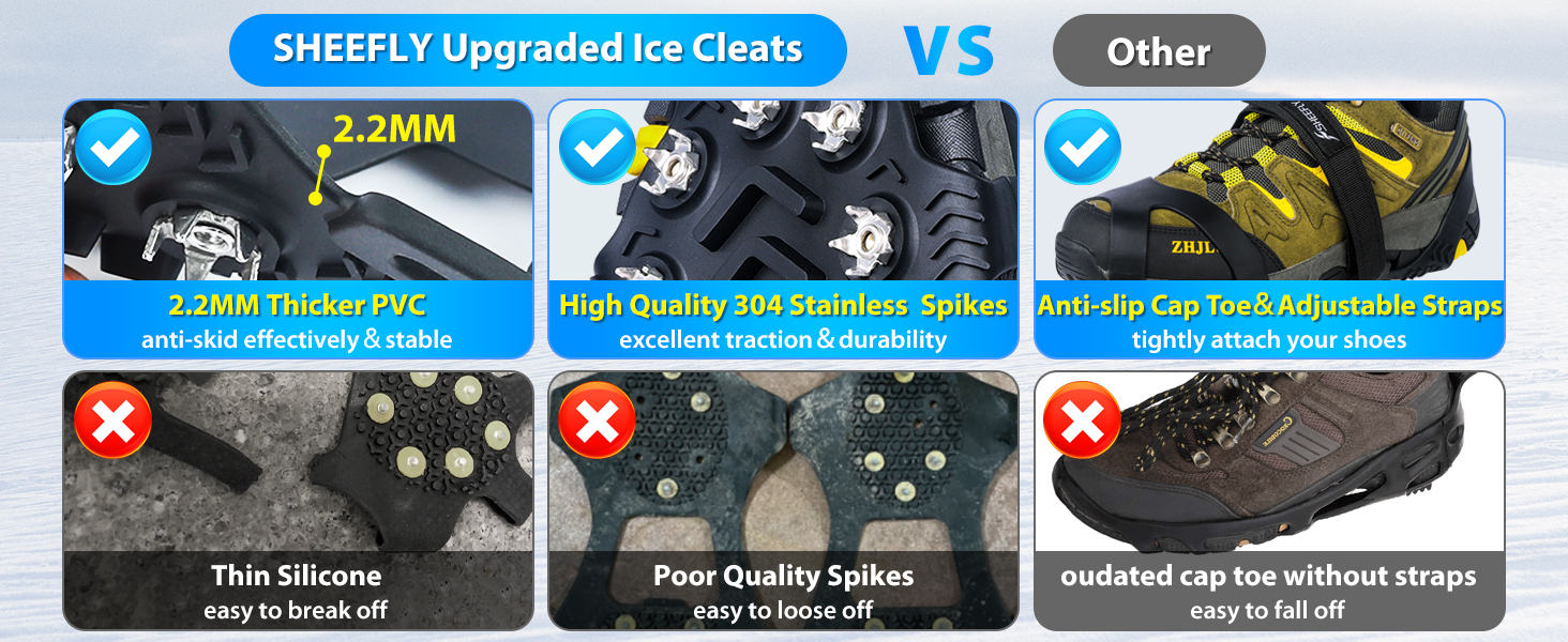 SHEEFLY Crampons Ice Cleats for Winter Boots, Upgraded Microspikes Anti