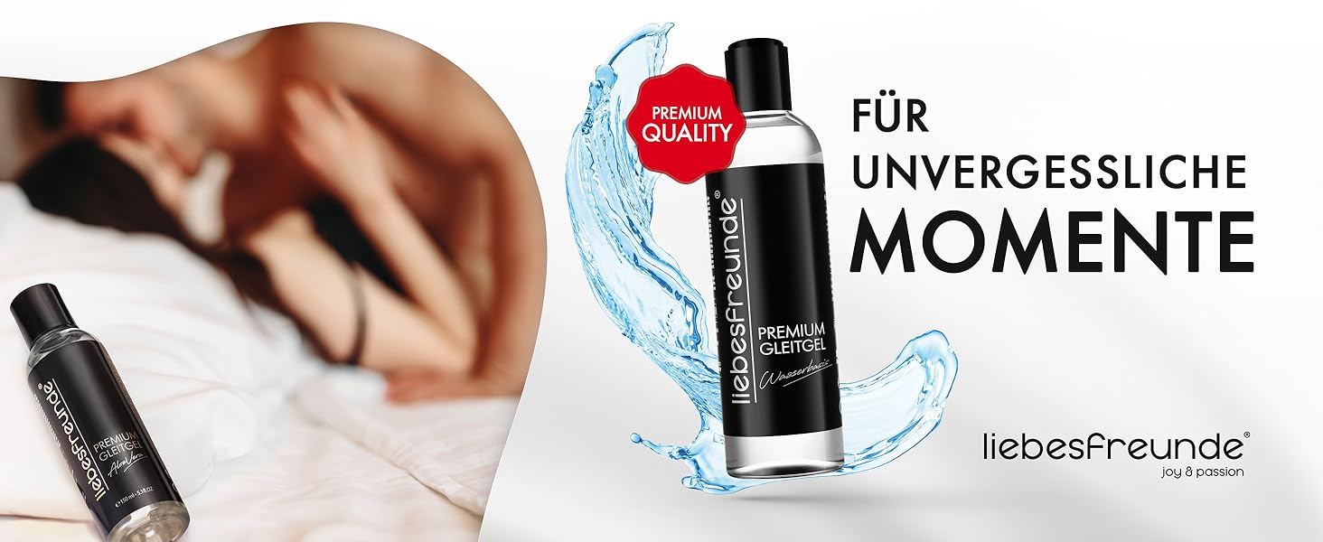 Black bottle of personal lubricant with water splash effect. Ad showcases product for intimate moments, with German text.