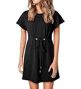 EVALESS Womens Summer Dresses Casual Round Neck Ruffle Short Sleeve Flowy A Line Mini Dress with ...