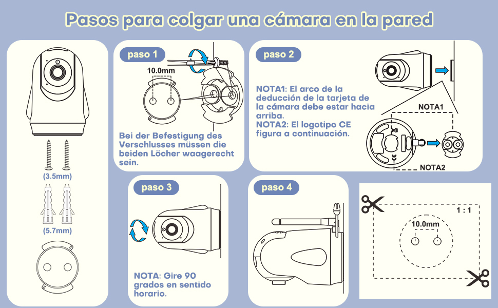 Diagrama de instalación paso a paso que muestra cómo montar una cámara en una pared, con pasos numerados y medidas técnicas en español.