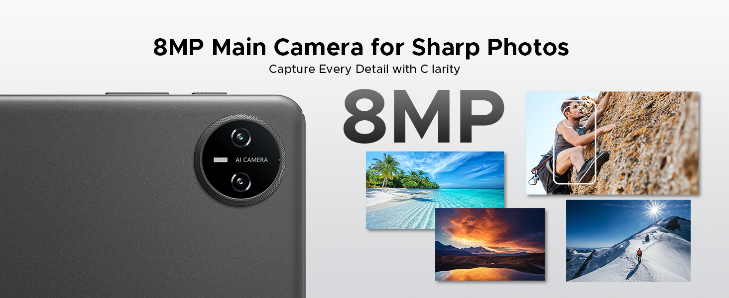 Smartphone camera feature advertisement showing 8MP main camera capability with sample nature and landscape photo examples displayed.